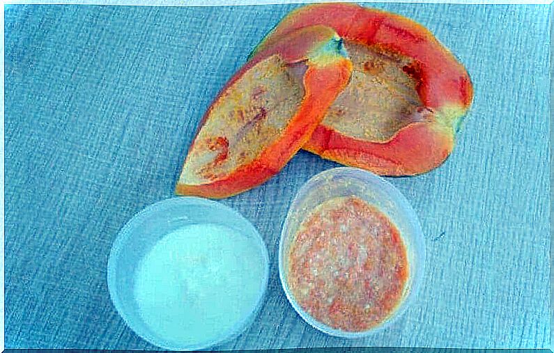 Papaya and bowl of yogurt