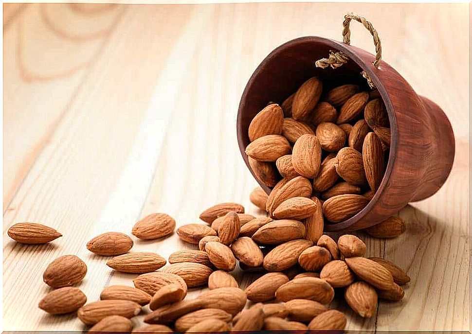 fallen bowl of almonds