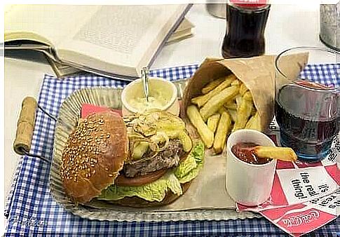 Hamburger with fries and a coke