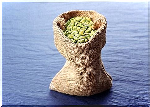 green coffee beans in a burlap bag