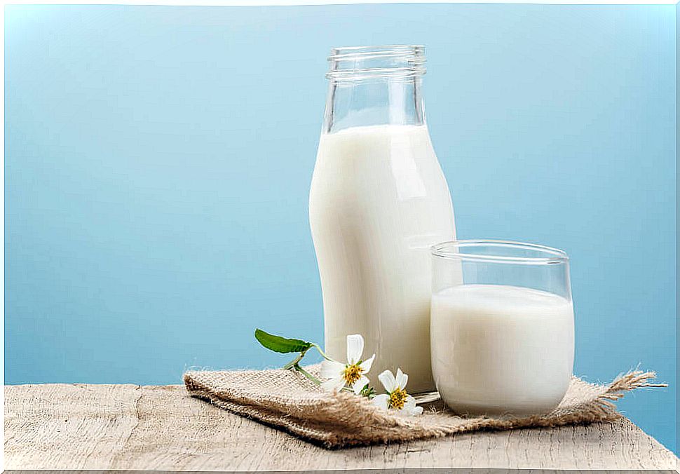 A bottle and glass of milk