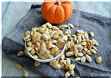 Pumpkin seeds on a canvas with a pumpkin